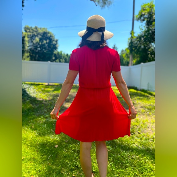 Wayf Red Blouson V-Neck Midi Dress Knee length Small - Picture 2 of 6